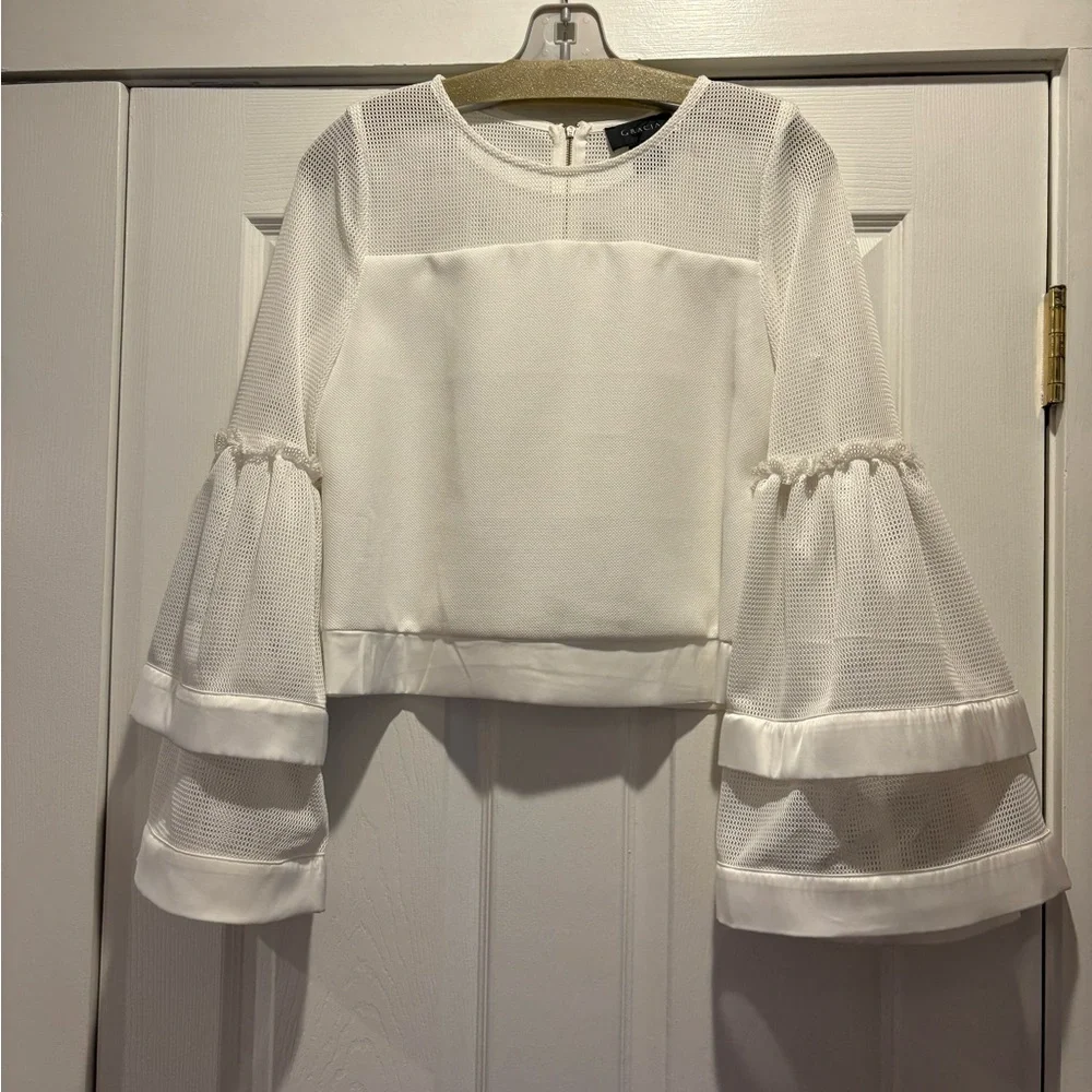 Gracia White Mesh Bell-Sleeve Blouse - Picture 1 of 4